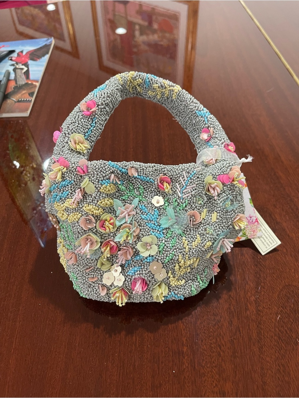 Viral Beaded Floral Mini Tote Handbag in Pastel Multicolor
